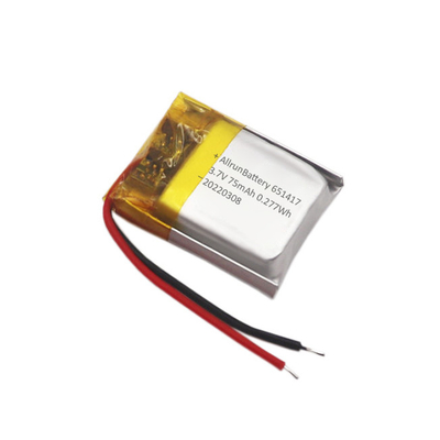 Bateria Thin IoT recarregável personalizada 3,7 V 75 mAh LiPo 651417